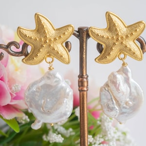 STAR earrings and natural pearls, brass, Italian earrings