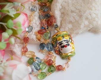 Sicily Necklace, Moor's Head Man in gold leaf Caltagirone ceramic, natural stone rosary