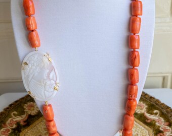 Necklace in bamboo coral and genuine cameo from Torre del Greco VOLTO di DAMA, 925 silver, Italian necklace