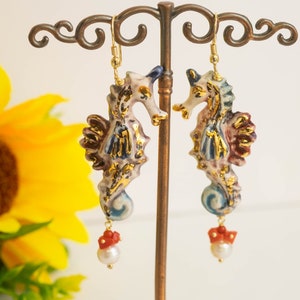 Caltagirone ceramic earrings, gold leaf seahorse, pearls and natural coral, brass, pendant earrings, Sicilian earrings