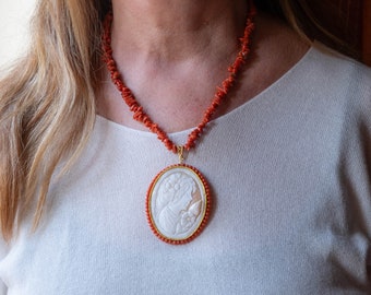 Necklace in Mediterranean coral and real cameo by Torre del Greco DAMA, 925 silver, Italian necklace