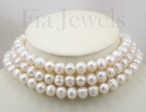 Buy Necklace With 3 Strands of Natural Pearls 10 Mm, Strangolino, Choker,  925 Silver, Collar, Bridal Necklace Online in India 