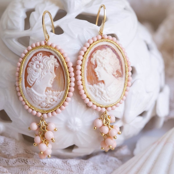 Sardonic shell cameo earrings by Torre del Greco, pink coral paste, gold plated 925 silver, Italian earrings