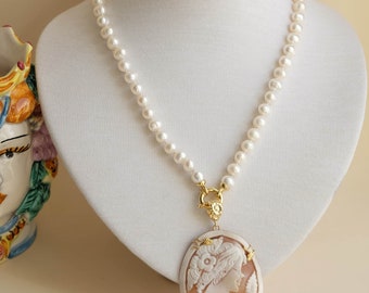 Collana con ciondolo cammeo di Torre del Greco Ovale, perle naturali, argento 925, collana italiana