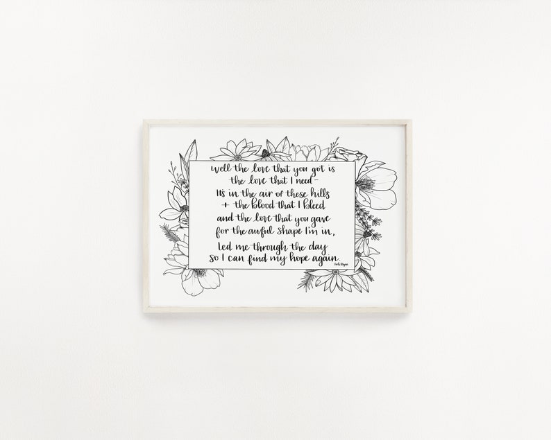 Floral Border Hope Again Lyrics | Zach Bryan | Handlettered | Handdrawn | Physical Art Print 