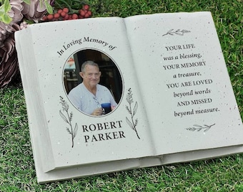 Personalised In Loving Memory Photo Upload Botanical Memorial Resin Book, Memorial Stone, Graveside Memorial