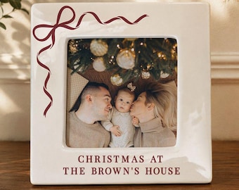 Personalized Christmas Bow Ceramic Picture Frame: Custom Message, Grandma Gift