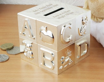 Personalised Silver ABC Money Box Keepsake - New Baby - Christening - Engraved - New Baby Gift - Money Box