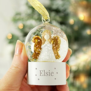 Personalised Name Angel Glitter Snow Globe Tree Decoration, Personalised Christmas Bauble