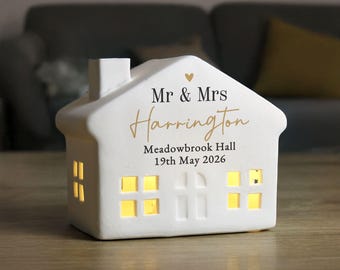 Personalised Black & Gold Free Text Ceramic LED House New Home or Newly Wed Gift