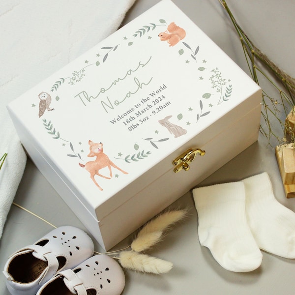 Personalised Woodland Animal Wooden Keepsake Box, Keepsake Box, Newborn Baby Keepsake box, New Baby Gifts Memory Box