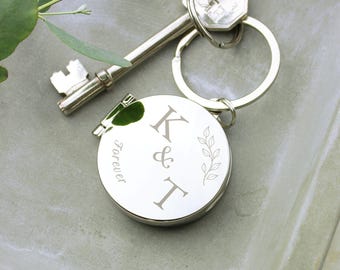 Personalised Foliage Couples Photo Keyring : Engraved Message, Silver Finish