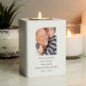 Personalised Photo Upload White Wooden Tea light Holder, Any Message, Birthday Christmas Memorial Gift