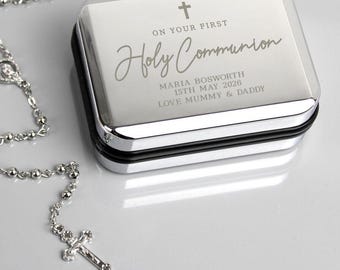 Personalized Rosary Beads & Cross Trinket Box: First Holy Communion Gift
