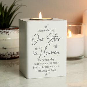 Personalised Our Star In Heaven White Wooden Tea light Holder, Personalised Memorial Candle