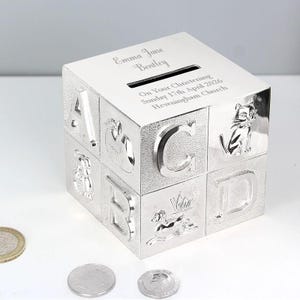 Personalized Silver ABC Block Money Box: Christening Gift New Baby Keepsake
