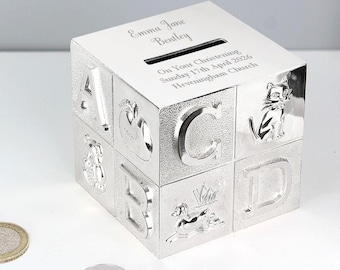 Personalized Silver ABC Block Money Box: Christening Gift New Baby Keepsake