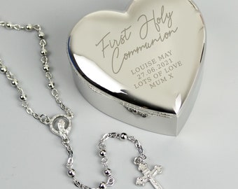 Personalised First Holy Communion Rosary Beads with Personalised Box, Personalised Rosary Beads and Cross Heart Shaped Trinket Box