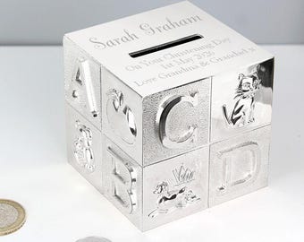 Personalized Silver ABC Money Box: Christening Gift New Baby Keepsake