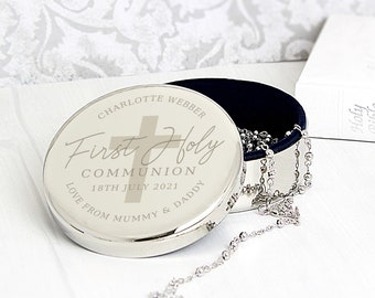 Rosary Beads with Personalised Box, Personalised First Holy Communion Round Trinket Box & Rosary Beads Set