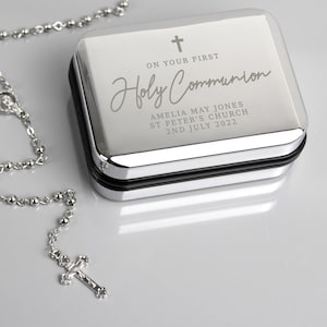 Personalized Rosary Beads & Cross Trinket Box: First Holy Communion Gift