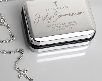 Rosary Beads with Personalised Box, Personalised First Holy Communion Rosary Beads and Cross Trinket Box