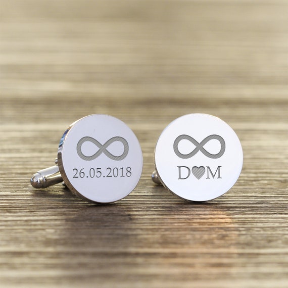 SILVER Personalised Engraved ROUND Wedding Cufflinks Infinity Groom Best Man