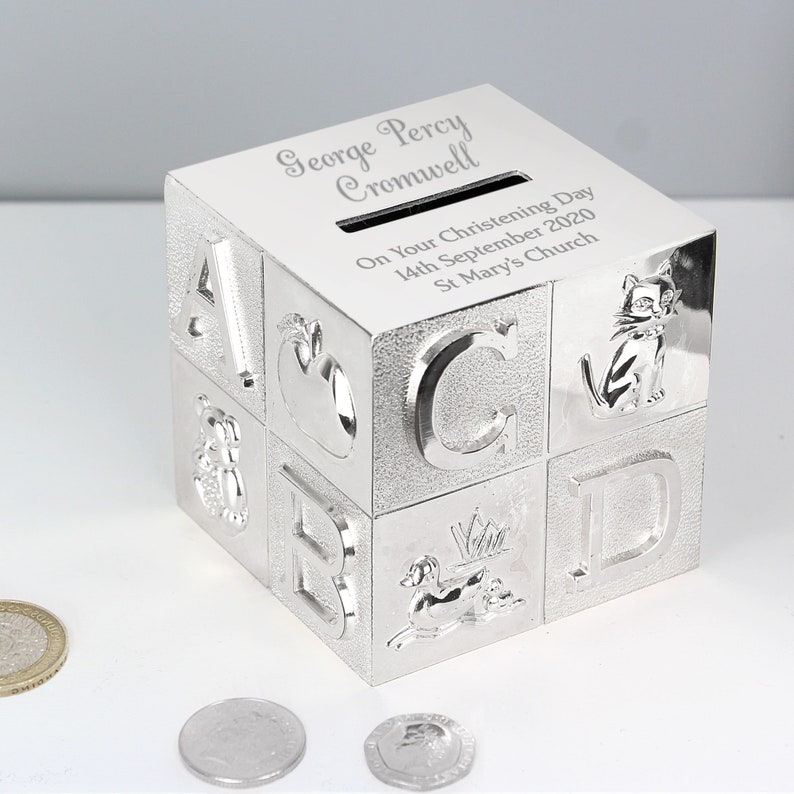 Personalised Silver ABC Money Box Keepsake New Baby Christening Engraved New Baby Gift Money Box image 2