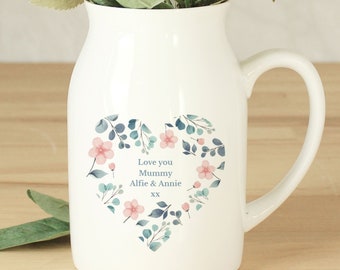 Personalised Floral Heart Flower Jug, Mothers Day Gift, Personalised Flower Pot, Any Message Gift for Mum Gift for Grandma Gift for Friend