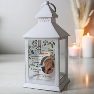 Personalised Botanical Memorial Photo Upload White Lantern, Loved One Memorial Candle, Family Member Memorial Candle