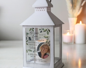 Personalised Botanical Memorial Photo Upload White Lantern, Loved One Memorial Candle, Family Member Memorial Candle