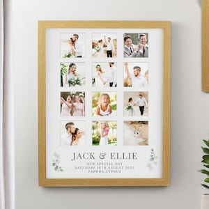 May include: A collage photo frame with a white background and a wooden frame. The frame has nine photos of a couple getting married. The photos are arranged in a grid pattern. The frame has a text overlay that says "Jack & Ellie Our Special Day Saturday 18th August 2025 Paphos, Cyprus".