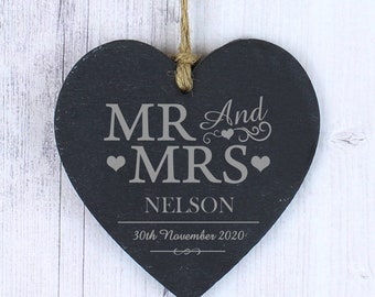 Personalised Mr & Mrs Wedding Slate Door Sign Heart Hanging Decoration Gift