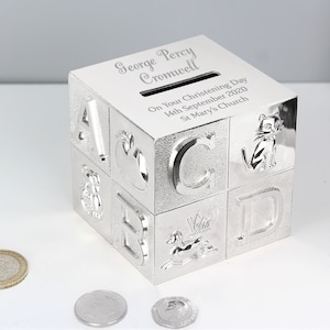 Personalised Silver ABC Money Box Keepsake New Baby Christening Engraved New Baby Gift Money Box image 1
