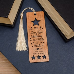 Bookmark Personalised Custom Message Wooden Bookmark Moon and Back Mum Dad Gran Grandpa Christmas Gift image 1