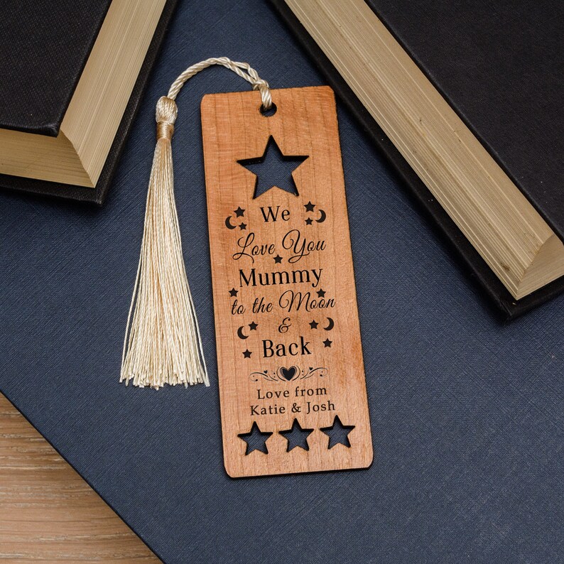 Bookmark Personalised Custom Message Wooden Bookmark Moon and Back Mum Dad Gran Grandpa Christmas Gift image 1
