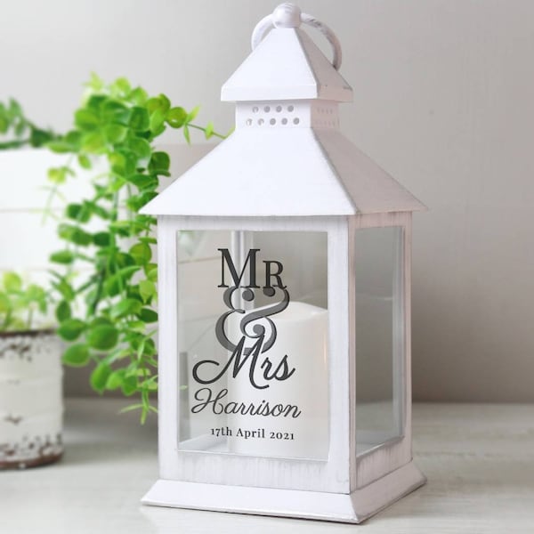 Personalised Mr and Mrs Rustic White Lantern, Wedding Gift Lantern, Bride and Groom gift, Wedding Couple Gift, Mr and Mrs Lantern