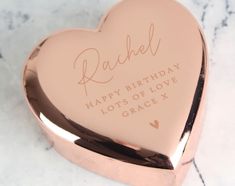 Personalised Any Message Rose Gold Heart Trinket Box, Gift for Her, Romantic Gift