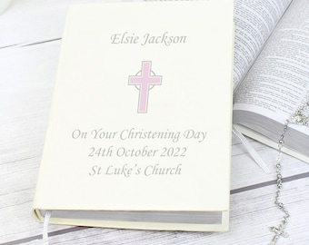 Personalised Pink or Blue Cross Bible - Christening Gift, Baptism Gift, Confirmation Gift, Communion Gift, Religious Gift , Holy Bible