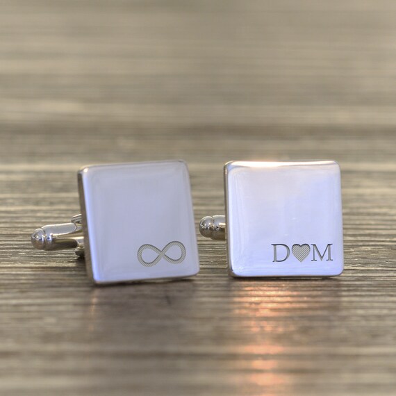 SILVER Personalised Engraved ROUND Wedding Cufflinks Infinity Groom Best Man