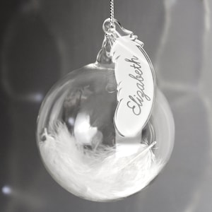 Personalized Feather Glass Christmas Bauble: Memorial Keepsake