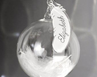 Personalized Feather Glass Christmas Bauble: Memorial Keepsake