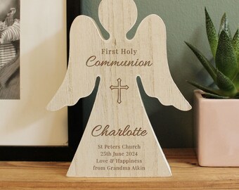 Personalised First Holy Communion Rustic Wooden Angel Decoration, First Holy Communion Gift, First Holy Communion Angel