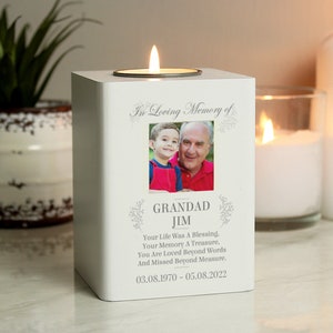 Personalised Memorial Photo Upload White Wooden Tea light Holder, Memorial Candle