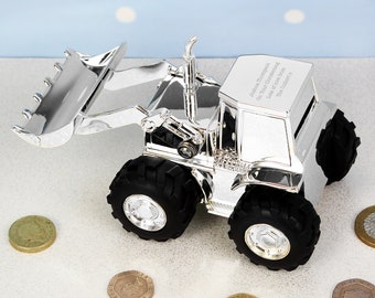 Personalised Engraved Silver Plated Digger Tractor Money Box