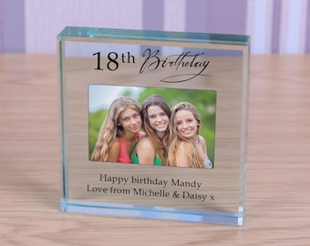 Happy Birthday, Personalised Photo Engraved Glass Block Paperweight, 18th Birthday, 21st Birthday, 50th Birthday, Birthday Gift