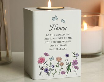 Personalised Wild Flowers Wooden Tealight Holder: Add Your Own Message