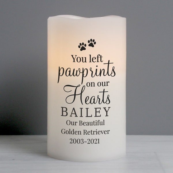 Personalised Pawprints On Our Hearts LED Candle, Pet Memorial, Dog Memorial, Cat Memorial, Pet Loss