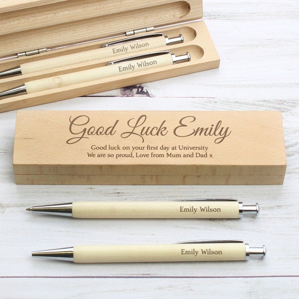 Personalised Any Message Wooden Pen & Pencil Box Set, Personalised Pen and Pencil Gift Set