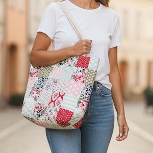 Sac fourre-tout matelassé avec poche intérieure, grand sac à projet, sac fourre-tout en tricot au crochet, sac en tissu patchwork, fourre-tout à bandoulière de tous les jours